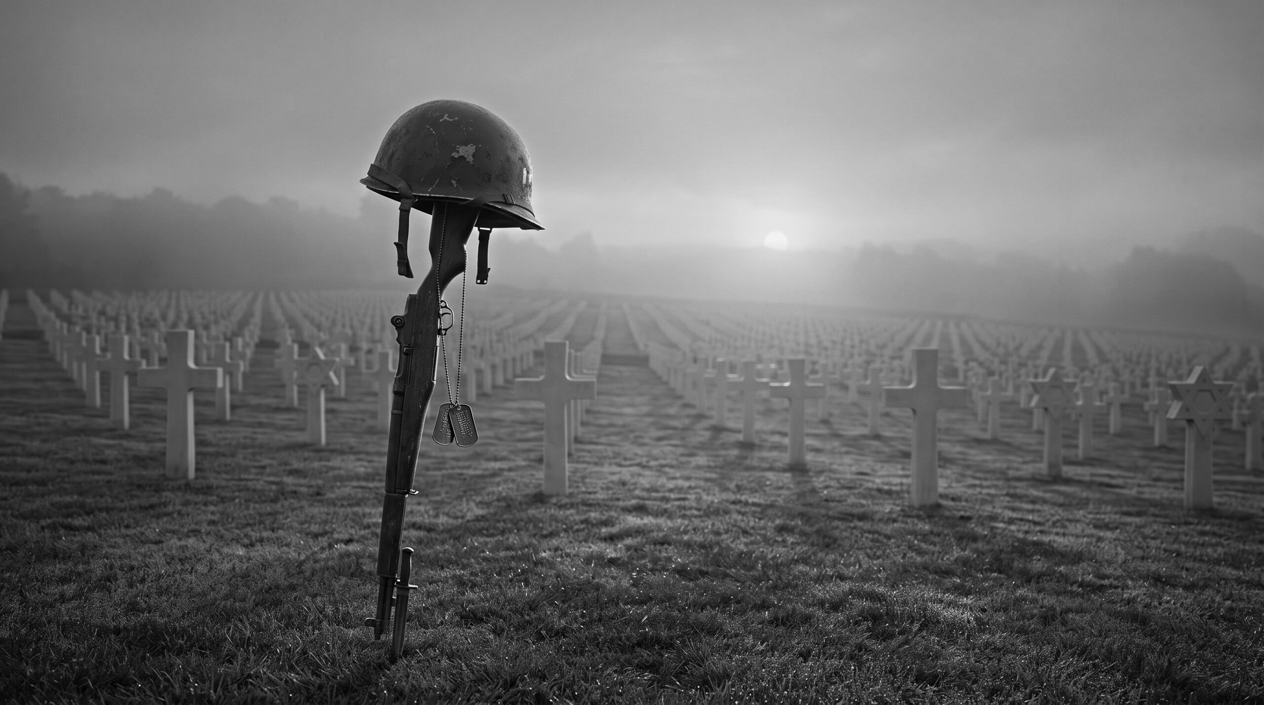 Helmet and rifle memorial marker among rows of graves at dawn, black and white photograph