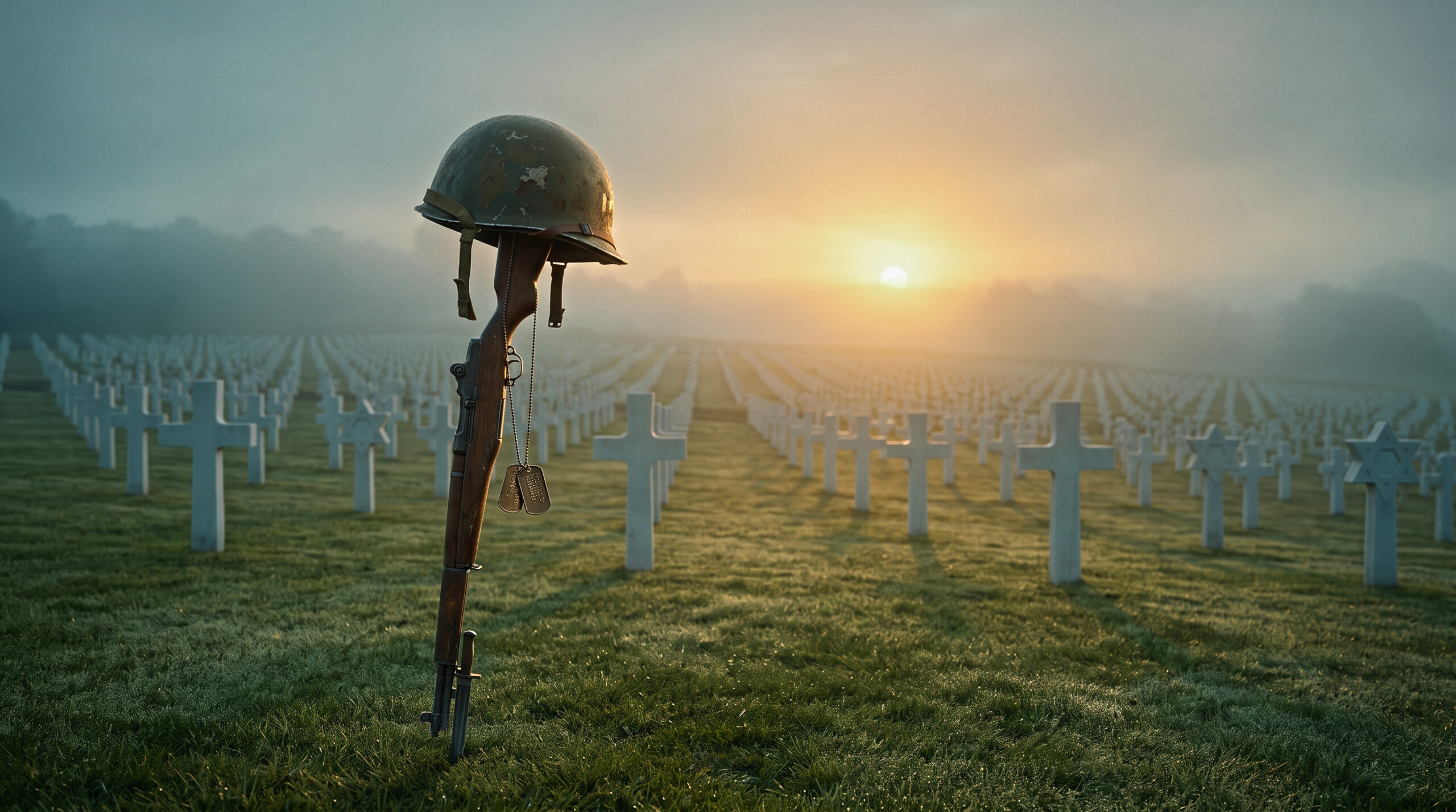 Helmet and rifle memorial marker among rows of graves at dawn, color photograph