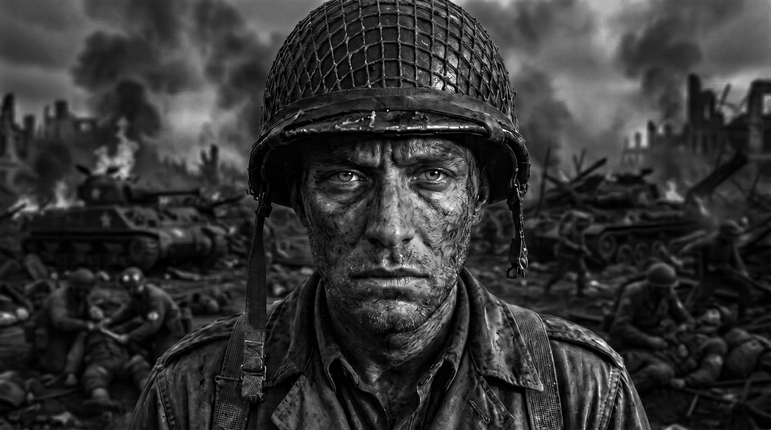 WWII soldier, black and white photograph