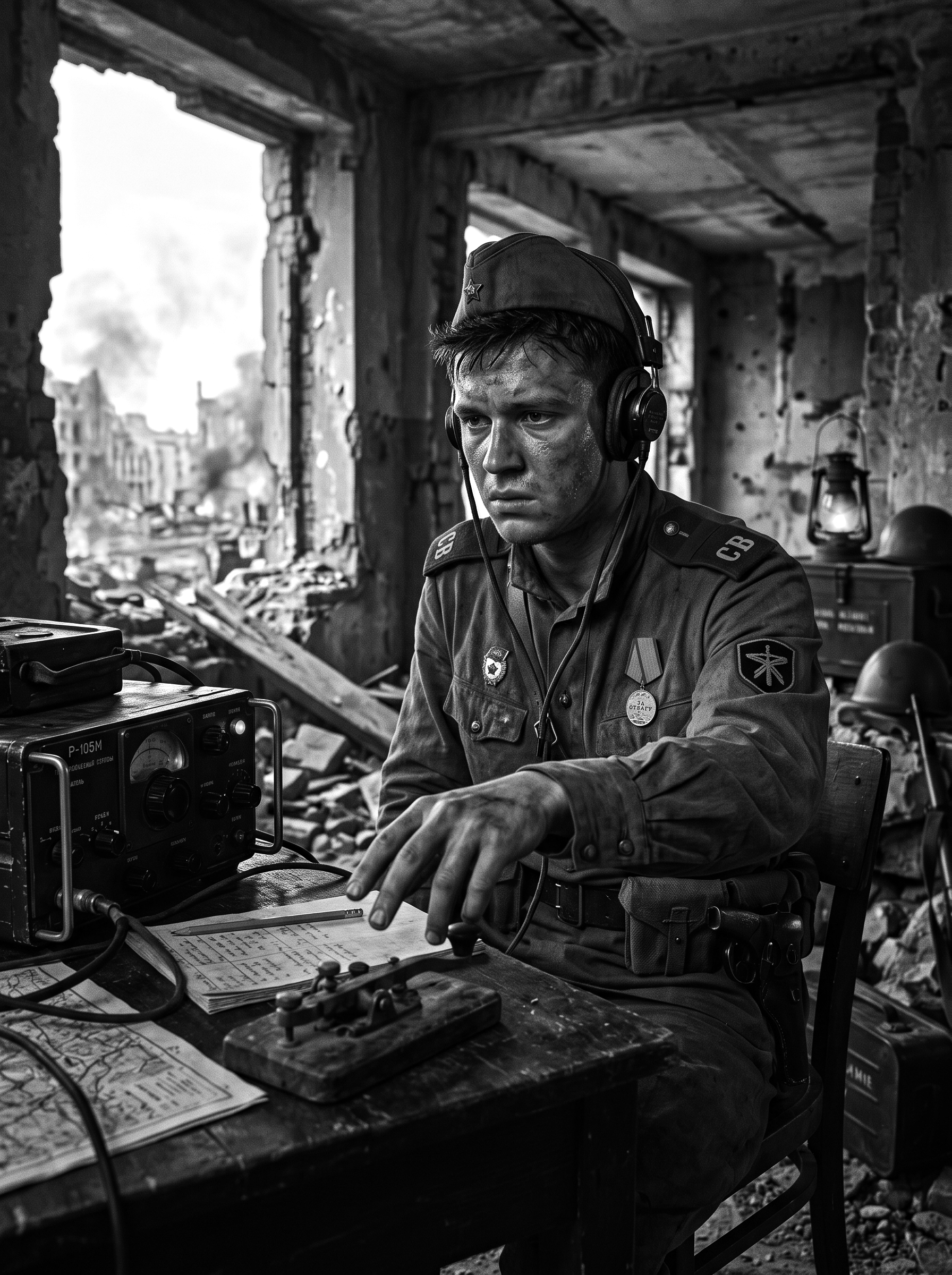 Soviet radio operator during the Battle of Berlin, black and white photograph