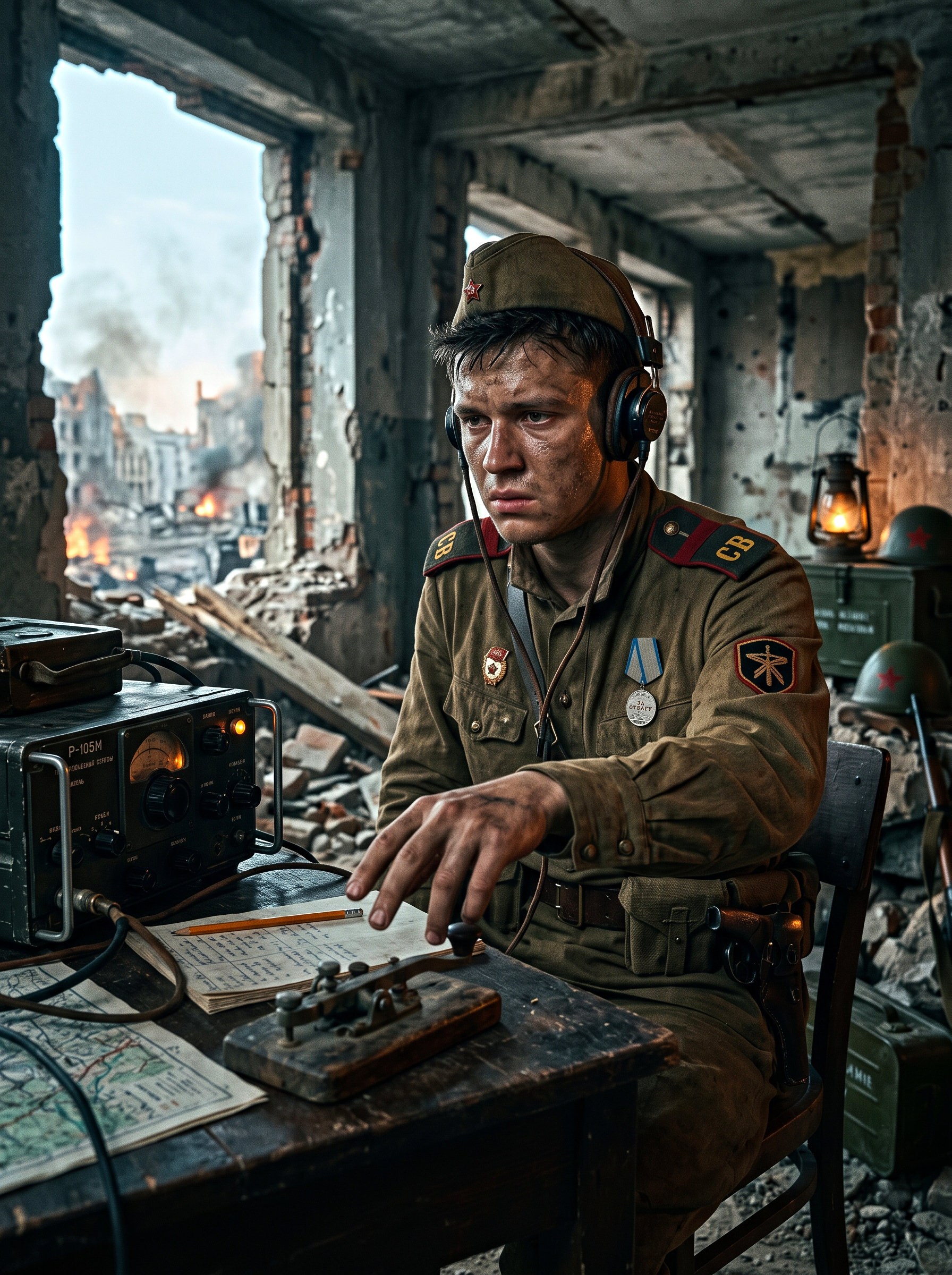Soviet radio operator during the Battle of Berlin, color photograph