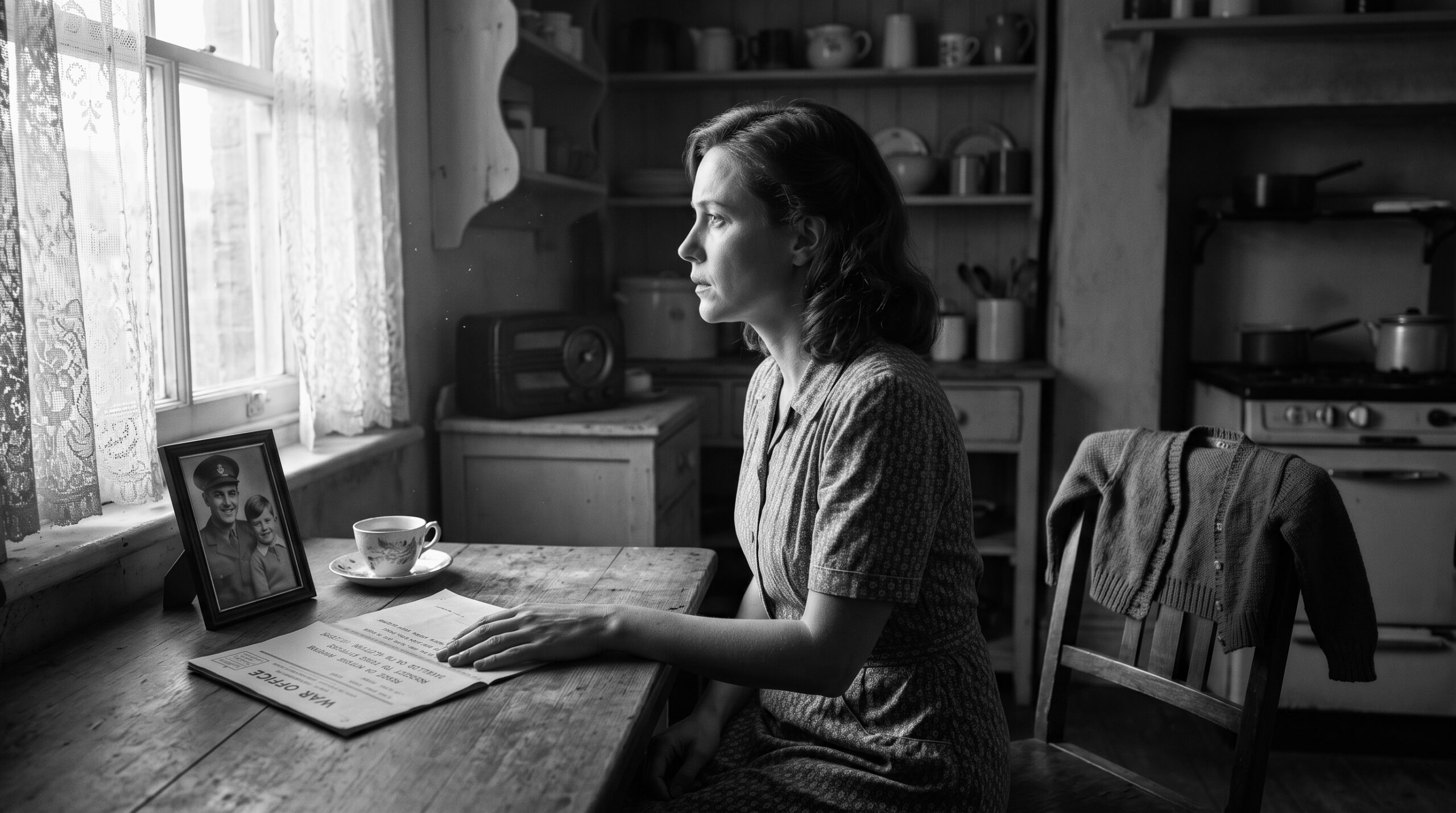 Woman at kitchen table reading a War Office telegram, black and white photograph