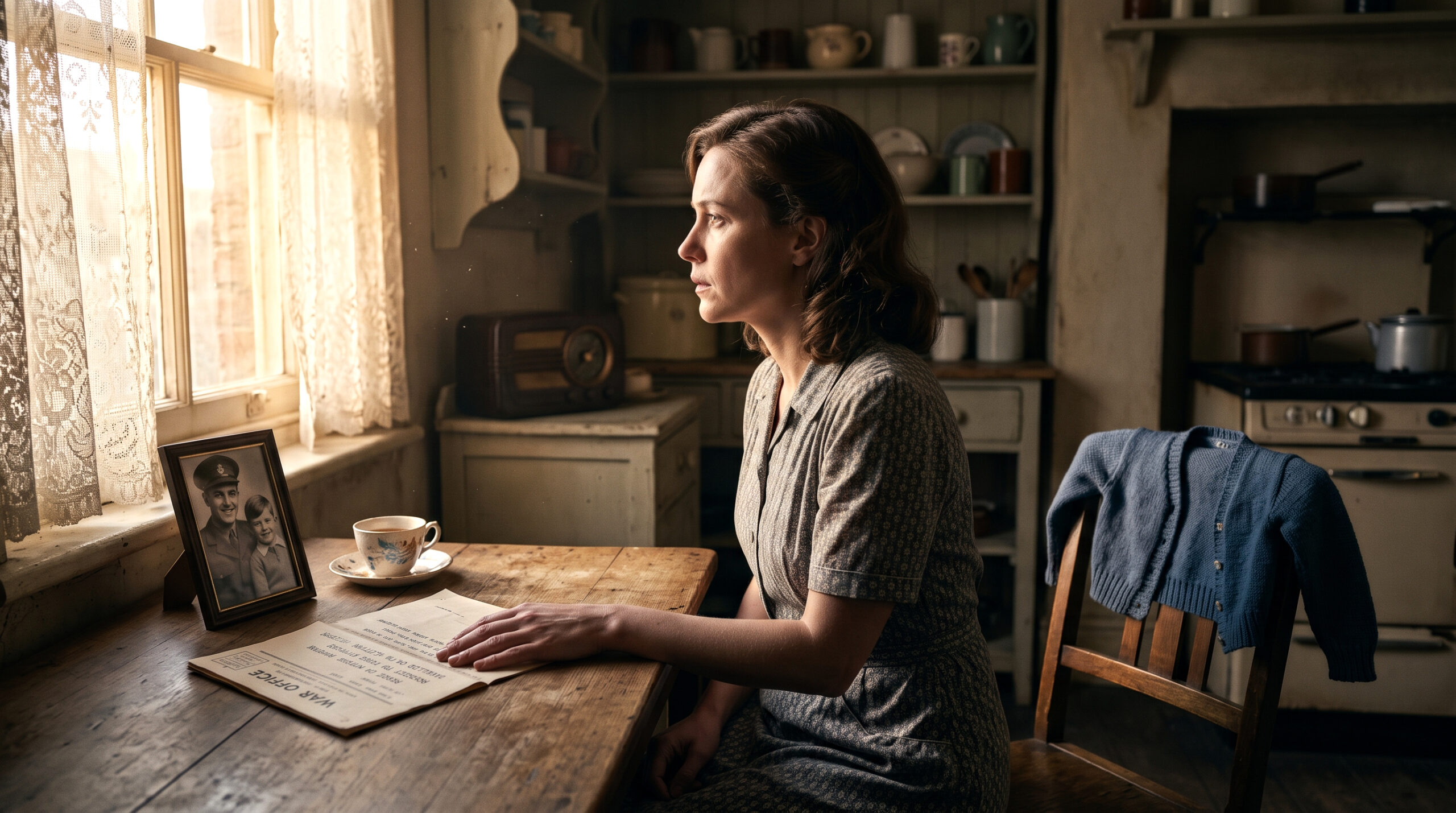Woman at kitchen table reading a War Office telegram, color photograph